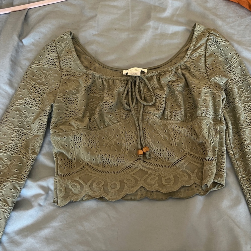 Lace-Trim Long Sleeve Peasant Top — Olive Green